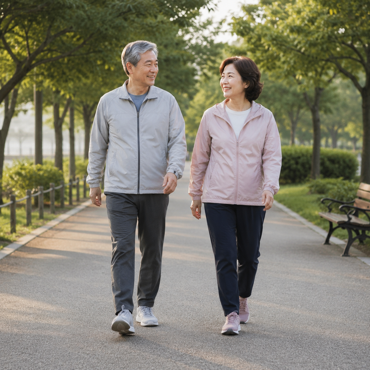 평탄한 공원길에서 안전하게 식후 걷기를 실천하는 중년 부부
