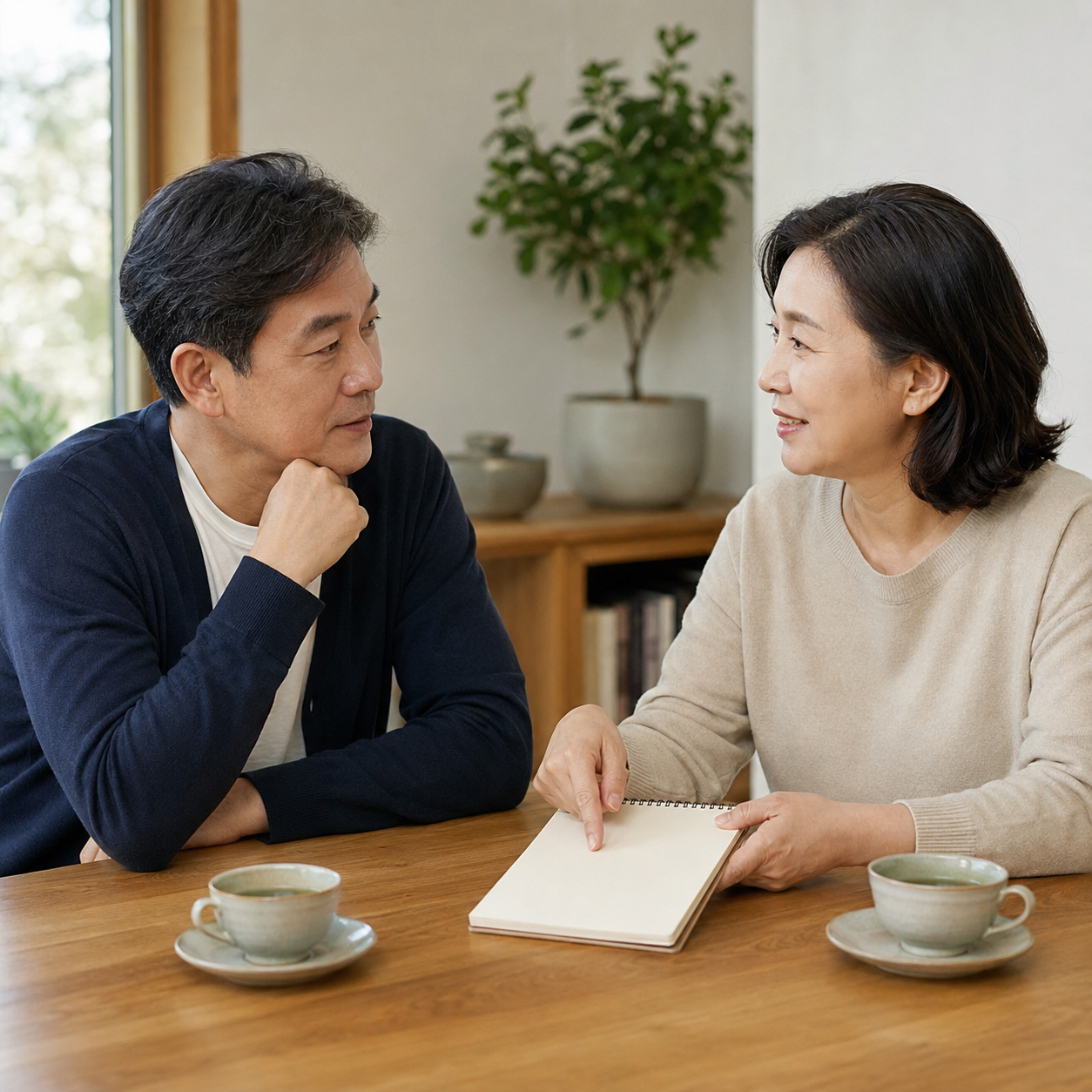 잠시 쉰 뒤 같은 높이에 앉아 차분하게 대화를 다시 시작하는 한국인 중년 부부