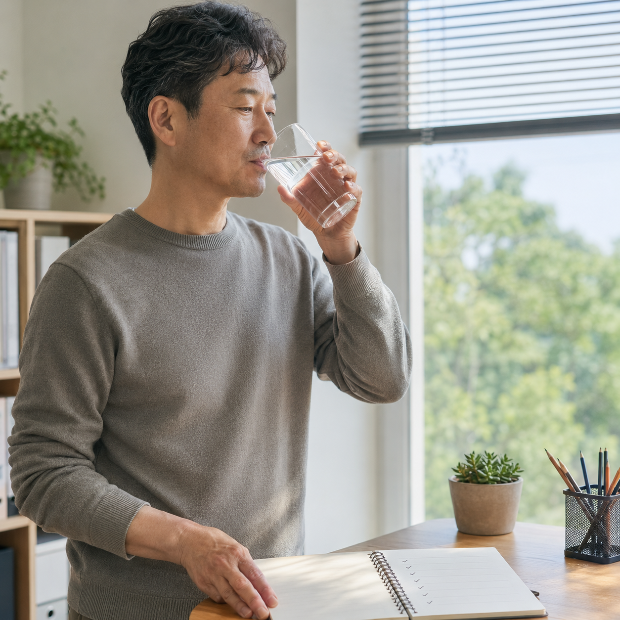 한국인 중년 남성이 짧은 낮잠 뒤 물을 마시며 졸림 기록을 확인하는 모습