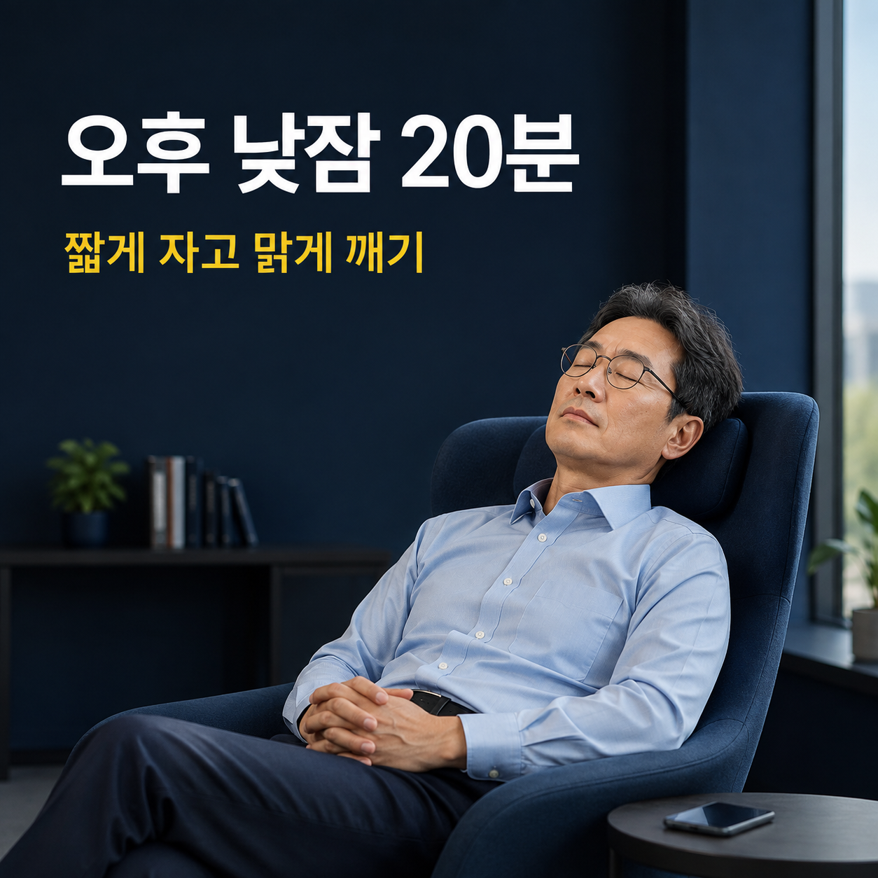 한국인 중년 직장인이 오후에 안락의자에서 짧은 낮잠을 자는 모습