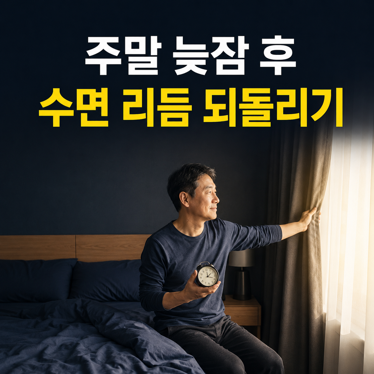 주말 늦잠 뒤 월요일 아침 커튼을 열고 시계를 확인하는 한국 중년 남성