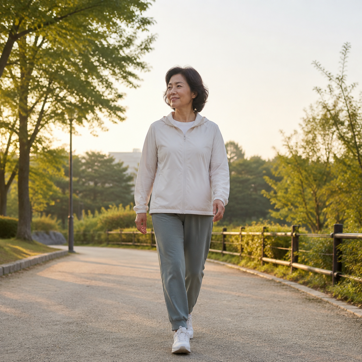 월요일 아침 햇빛 아래 공원길을 걷는 한국 중년 여성