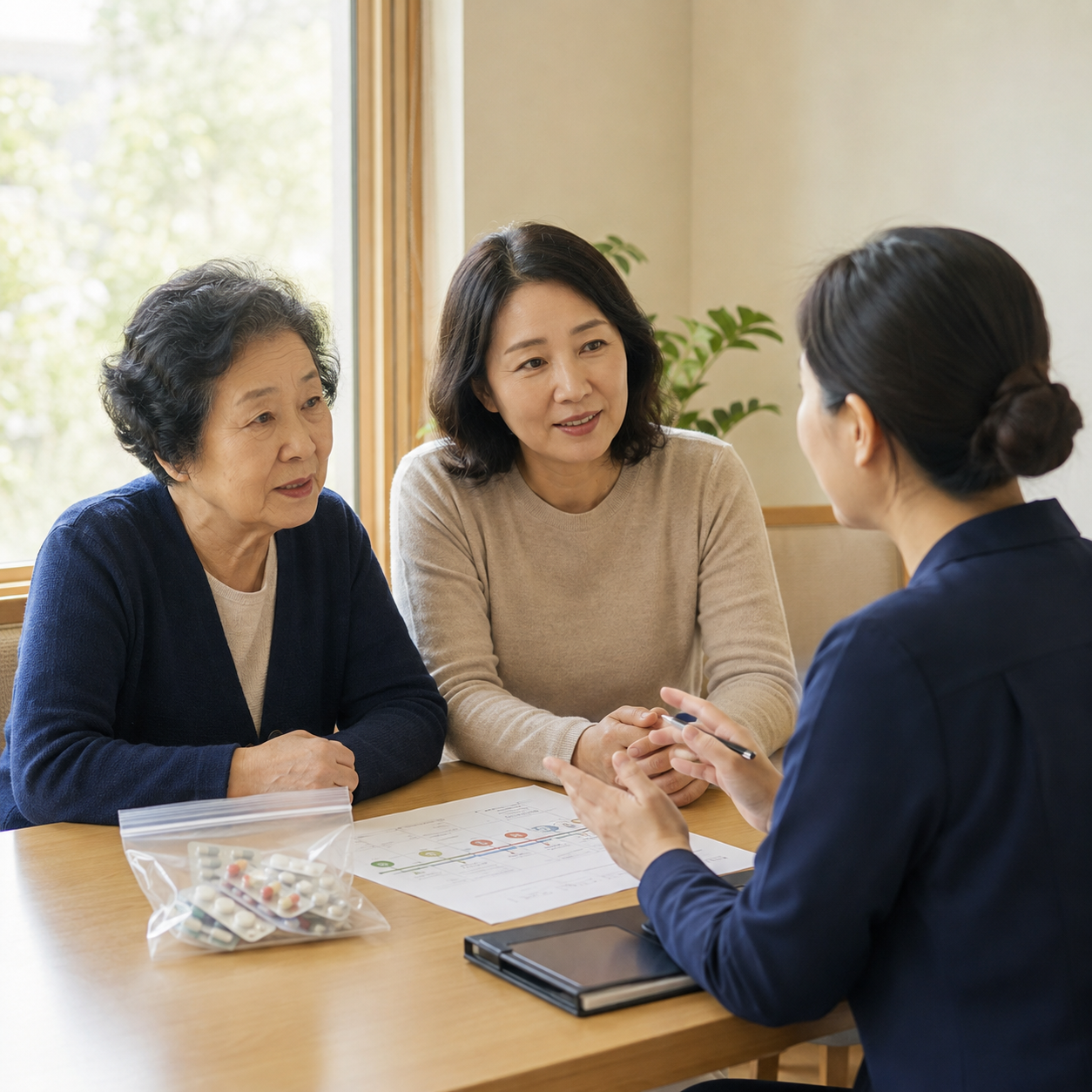 상담실에서 변화 기록과 약 봉투를 보여주는 어머니와 딸