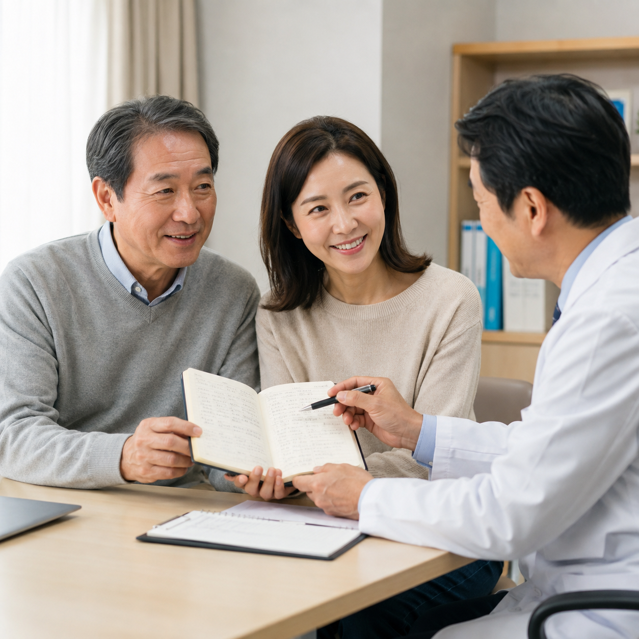 수면 관찰 수첩을 의사에게 보여 주며 상담하는 한국 시니어 아버지와 중년 딸