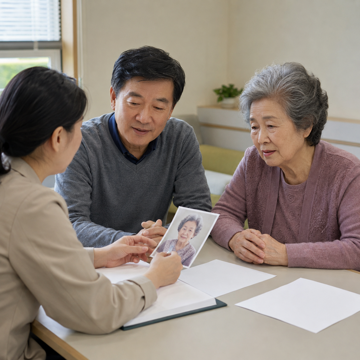 부모님과 함께 지역 건강상담자에게 밤 외출 행동을 설명하는 한국 가족