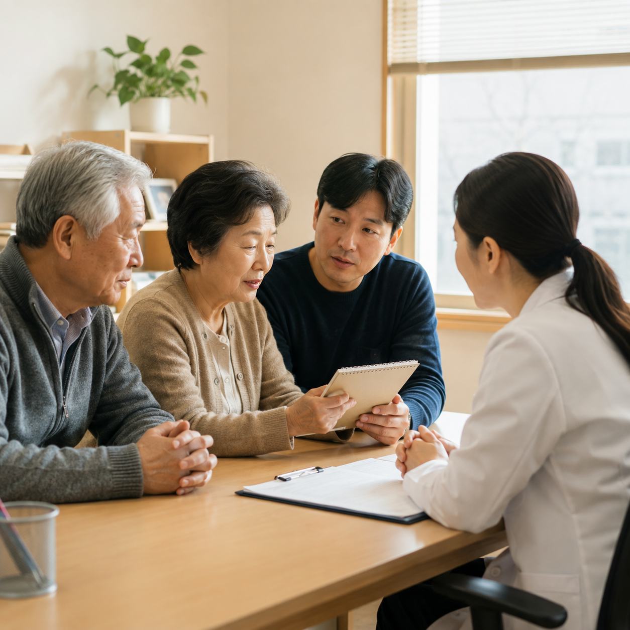 관찰 노트를 가지고 기억건강 상담을 받는 노부부와 성인 아들
