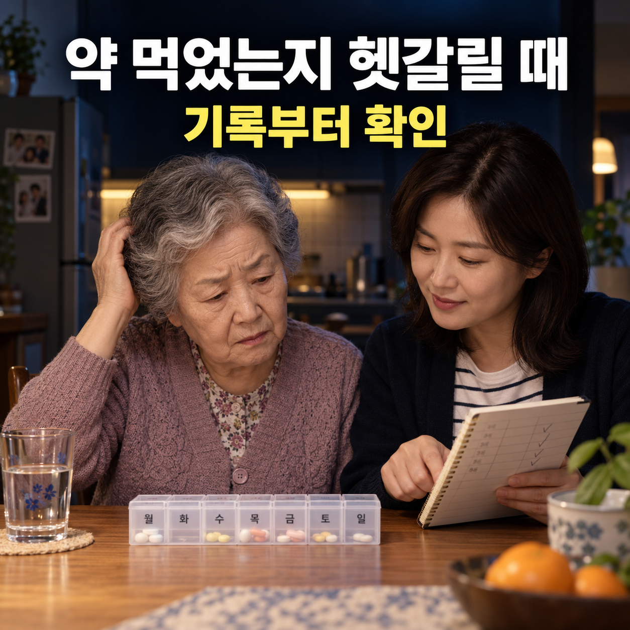 약을 먹었는지 헷갈리는 어머니와 복약기록을 함께 확인하는 딸