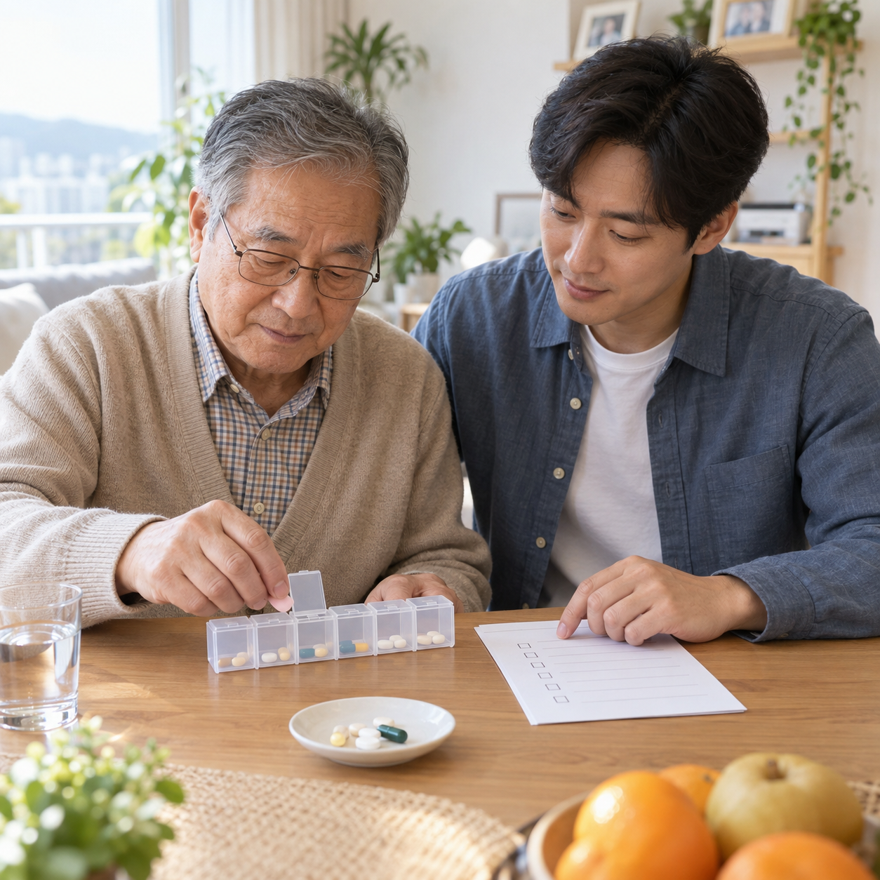 아버지와 아들이 주간 약통과 한 장의 복약표를 함께 정리하는 모습